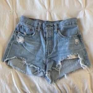 Levi’s 501 Distressed Light Blue Denim Shorts